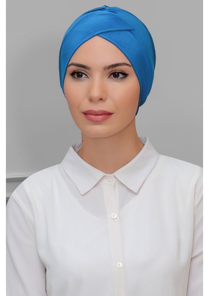 Mavi Pratik Hazır Geçmeli Tesettür Bone Sandy Kumaş Çapraz Büzgülü 1801_34