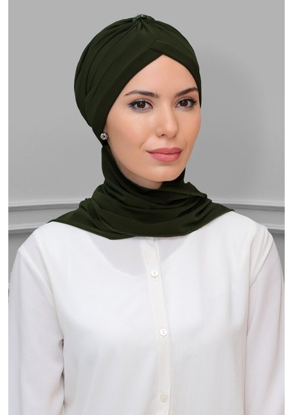 Haki Pratik Hazır Geçmeli Tesettür Bone Sandy Kumaş Taçlı Büzgülü Şifon Atkılı 1208A_09