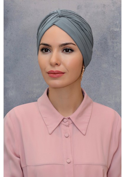Gri Pratik Hazır Geçmeli Tesettür Bone Fukuro Sandy Kumaş Büzgülü 1831_15