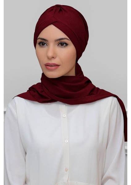 Bordo Pratik Hazır Geçmeli Tesettür Bone Petekli Mevsimlik Büzgülü Atkılı 1860_16