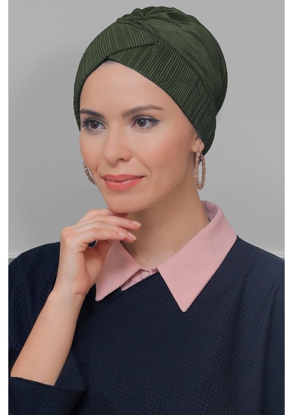 Haki Pratik Hazır Geçmeli Tesettür Bone Fukuro Piliseli Çapraz Büzgülü 1822_09