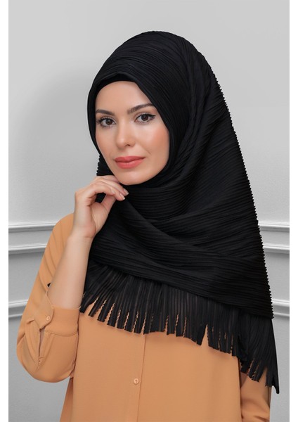 Siyah Arkadan Bağlamalı Tesettür Eşarp Kesik Elyaf Piliseli Saçaklı Lazer Kesim 1918_01