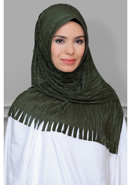 Haki Pratik Hazır Geçmeli Tesettür Eşarp Fukuro Piliseli Saçaklı Lazer Kesim 1828_09