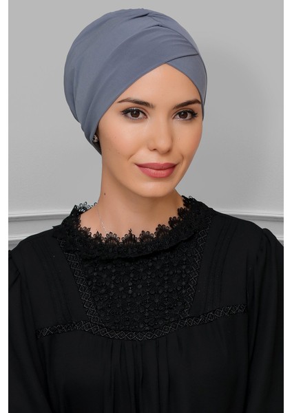Gri Pratik Hazır Geçmeli Tesettür Bone Sandy Kumaş Çapraz Büzgülü 1801_15
