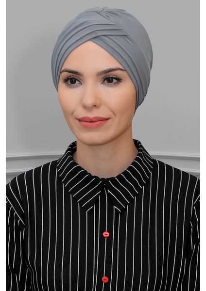 Gri Pratik Hazır Geçmeli Tesettür Bone Sandy Kumaş Üç Çapraz 1803_15