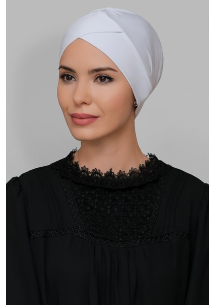 Beyaz Pratik Hazır Geçmeli Tesettür Bone Sandy Kumaş Çapraz Büzgülü 1801_42