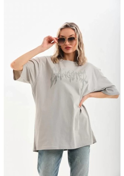 Unisex Taş Desenli Oversize T-Shirt - Gri