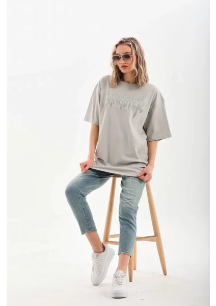 Unisex Taş Desenli Oversize T-Shirt - Gri