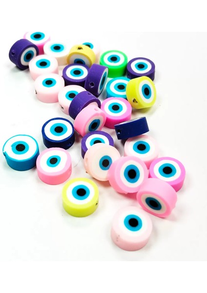 30 Adet 10 mm Polimer Kil Fimo Boncuk Takı Bileklik + 1 Metre Lastikli Misina Hediye - Nazar Boncuğu