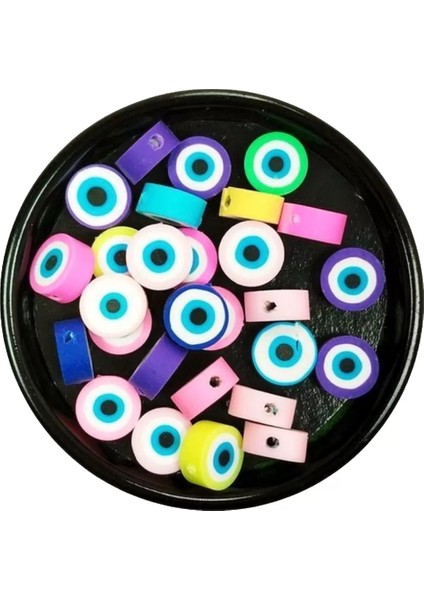 30 Adet 10 mm Polimer Kil Fimo Boncuk Takı Bileklik + 1 Metre Lastikli Misina Hediye - Nazar Boncuğu