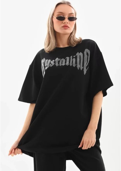 Unisex Taş Desenli Oversize T-Shirt - Beyaz