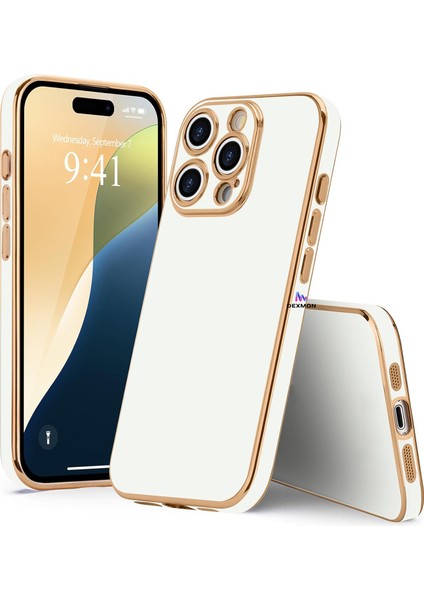 iPhone 15 Pro Max Uyumlu Kılıf Kamera Korumalı Arkası Renkli Kenarları Parlak Dore Tasarım Kapak