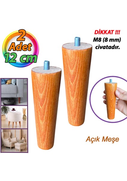 2 Adet Ahşap Açık Meşe 12 cm Dolap Mobilya Koltuk Kanepe Destek Ayağı - Konik M8 Civatalı