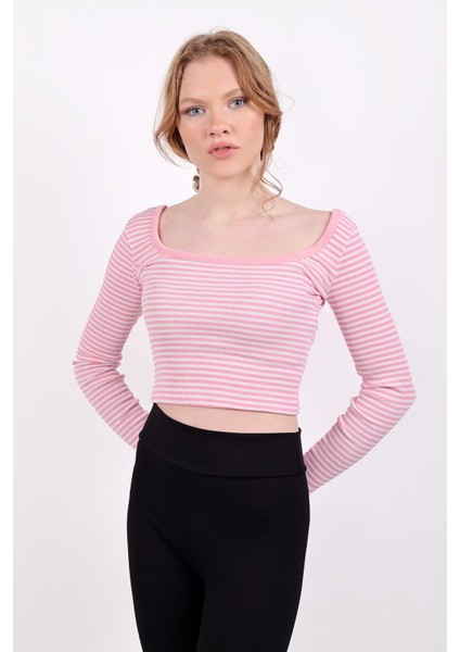 9904 Kare Yaka Çizgili Crop Bluz Pembe