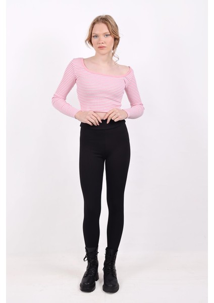 9904 Kare Yaka Çizgili Crop Bluz Pembe