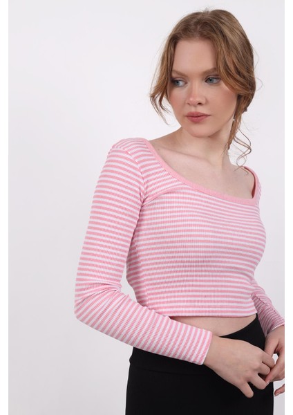 9904 Kare Yaka Çizgili Crop Bluz Pembe