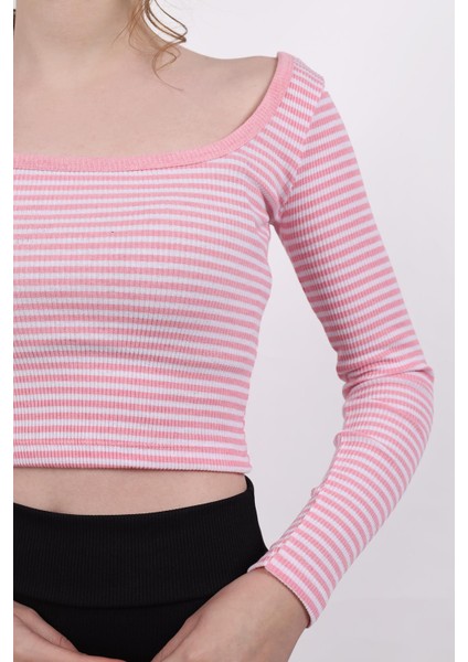 9904 Kare Yaka Çizgili Crop Bluz Pembe