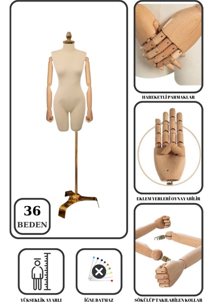 36 Beden Gold Ayaklı Pantolon Giyebilen Terzi Mankeni Vitrin Mankeni Prova Mankeni
