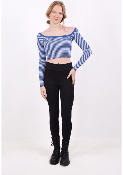 9904 Kare Yaka Çizgili Crop Bluz Saks