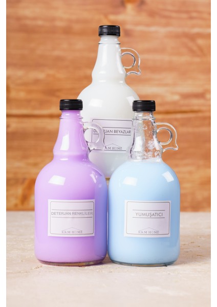 3'lü Sıvı Deterjan ve Çamaşır Yumuşatıcı Şişesi 1000 ml Kulplu Cam Galon