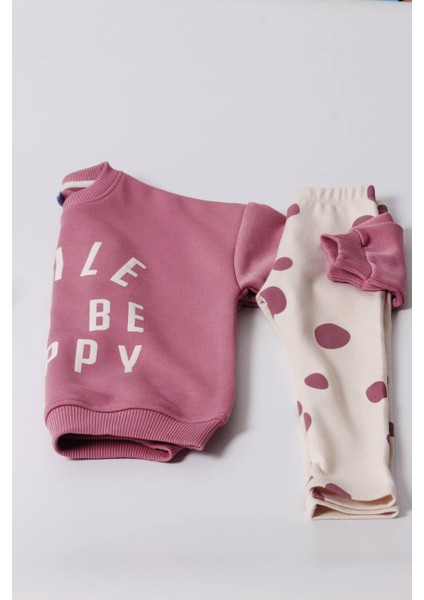Yeni Sezon Kız Çocuk Pamuklu Pembe Renk Smile&happy Baskılı Sweatshirt ve Taytlı Alt-Üst Takım modelleri