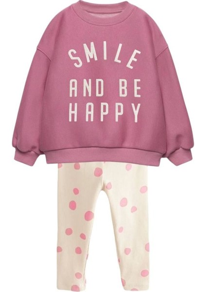 Ladin Store Yeni Sezon Kız Çocuk Pamuklu Pembe Renk Smile&happy Baskılı Sweatshirt ve Taytlı Alt-Üst Takım