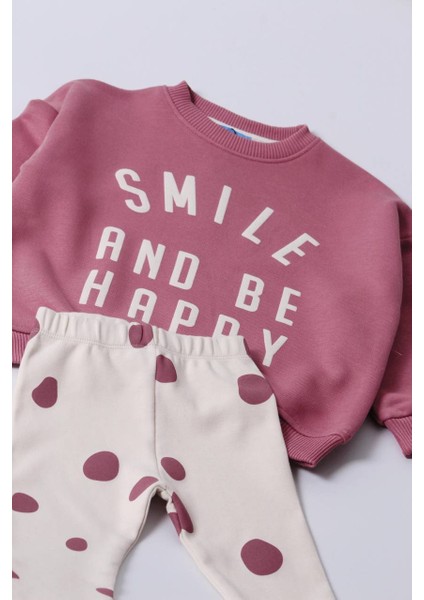 Ladin Store Yeni Sezon Kız Çocuk Pamuklu Pembe Renk Smile&happy Baskılı Sweatshirt ve Taytlı Alt-Üst Takım