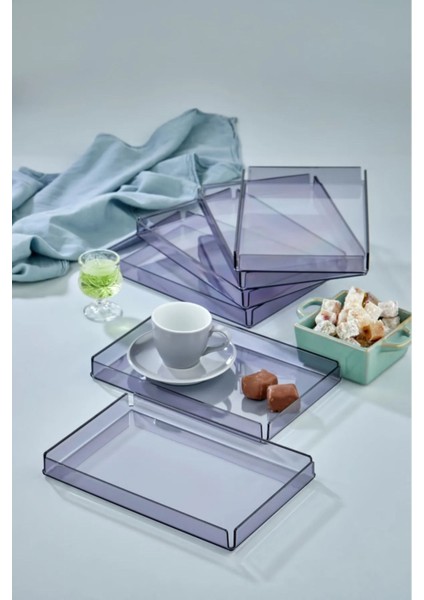 6'lı Kristal Sunum Tepsisi - Şeffaf Kahve Sunum 6 Adet Dekoratif Özel Seri Tepsi