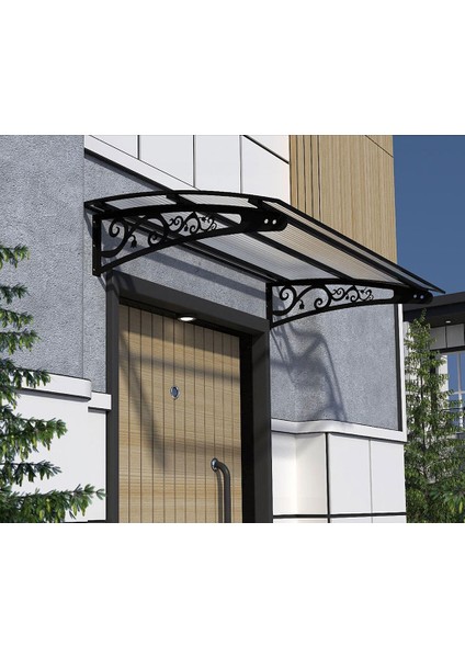 Metal Taşıyıcılı Kapı Üstü Pratik Sundurma Siyah - Şeffaf Levha 250 x 100 Md2