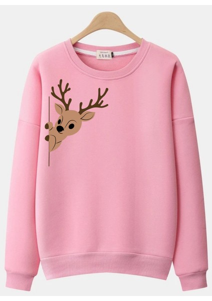 Geyik Noel Christmas Tasarım Baskılı 3 Iplik Geniş Kalıp Sweatshirt