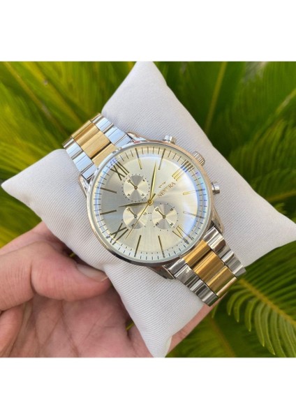 Newera Watch Çelik Kordon Gümüş-Altın Renk Erkek Kol Saati ST6325AG