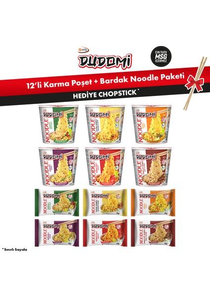 12’li Karma Poşet+Bardak Noodle Paketi + Bambu Chopstick Hediye!