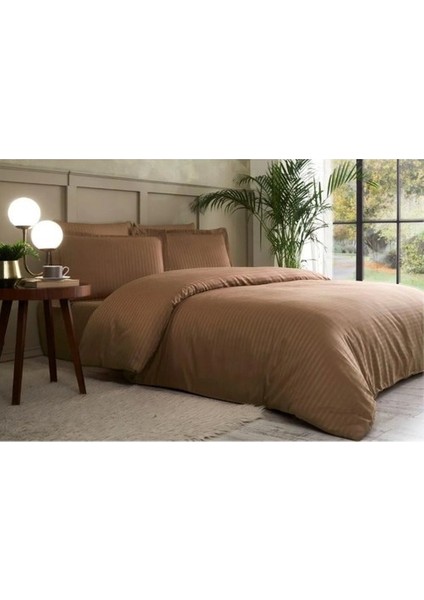 82 Tel Pamuk Saten Çift Kişilik Çizgili Nevresim Takımı M Kahve Lıne