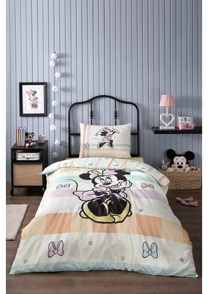 Minnie Mouse Happy Tek Kişilik Disney Lisanslı Lastikli Fitted Çarşaf Çocuk Nevresim Takımı