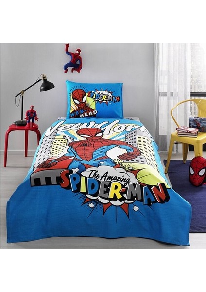 Spiderman New York Tek Kişilik Disney Lisanslı Lastikli Fitted Çarşaf Çocuk Pike Takımı