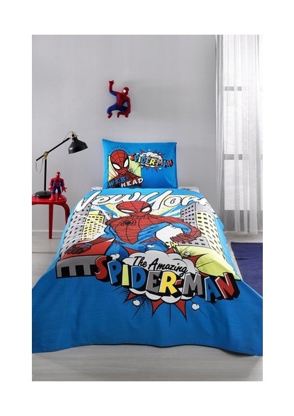 Spiderman New York Tek Kişilik Disney Lisanslı Lastikli Fitted Çarşaf Çocuk Pike Takımı