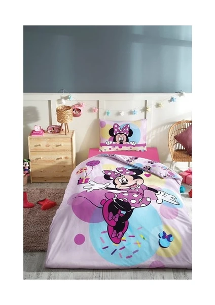 Minnie Mouse Happy Tek Kişilik Disney Lisanslı Lastikli Fitted Çarşaf Çocuk Nevresim Takımı