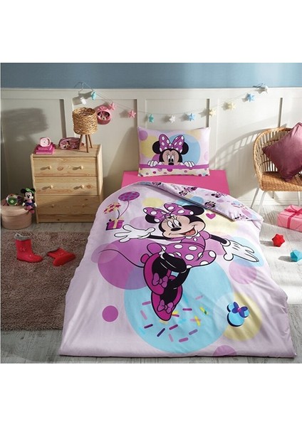 Minnie Mouse Happy Tek Kişilik Disney Lisanslı Lastikli Fitted Çarşaf Çocuk Nevresim Takımı