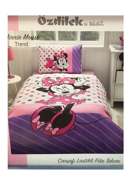 Minnie Mouse Trend Tek Kişilik Disney Lisanslı Lastikli Fitted Çarşaf Çocuk Pike Takımı