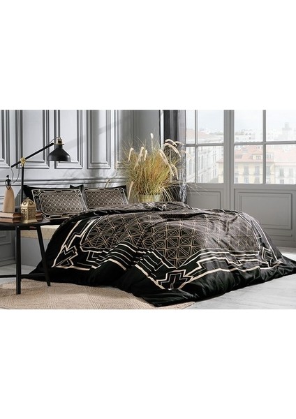 Art Deco Çift Kişilik Soft Life Saten Nevresim Takımı-Siyah