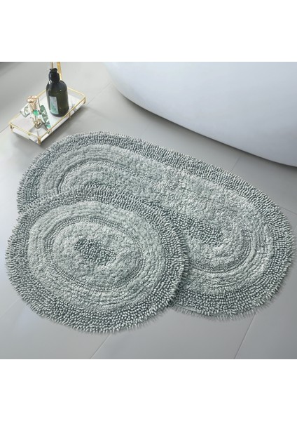 Doğal Pamuklu Spagetti Oval Mint 2'li Banyo Paspası Seti Banyo Halısı Yıkanabilir Klozet Takımı