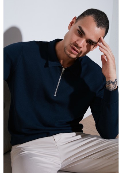 Pamuklu Regular Fit Yarım Fermuarlı Polo Yaka Sweat Erkek Sweat 5905805