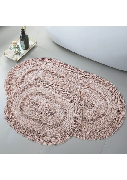 Doğal Pamuklu Spagetti Oval Pudra 2'li Banyo Paspası Seti Banyo Halısı Yıkanabilir Klozet Takımı