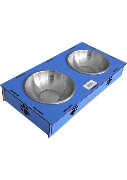 Ahşap Sehpalı Ikili Devrilmez Kedi Köpek Su ve Mama Kabı 34 cm - 300 ml Mavi