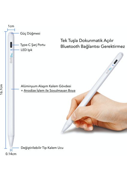 K10 Yeni iPad 6-7-8-9-10-11, iPad Air 3-4-5-6-7 ve iPad Pro 11″ 12.9″ Kapasitif Stylus Kalem