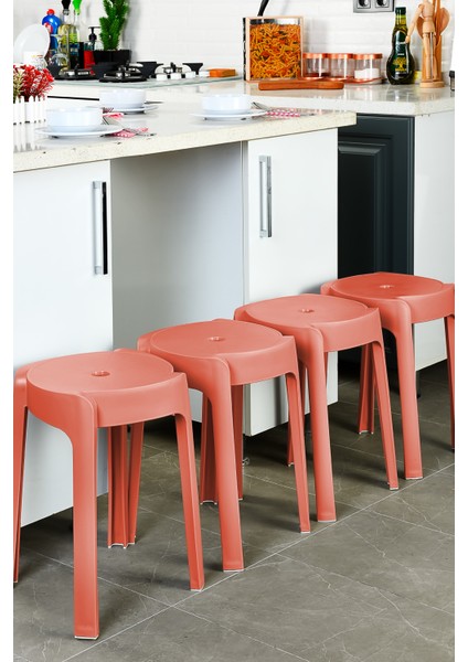 Kaymaz Ayaklı Dekoratif İç İçe Geçebilen Plastik Tabure Mutfak Bahçe Taburesi 4 Adet Mercan