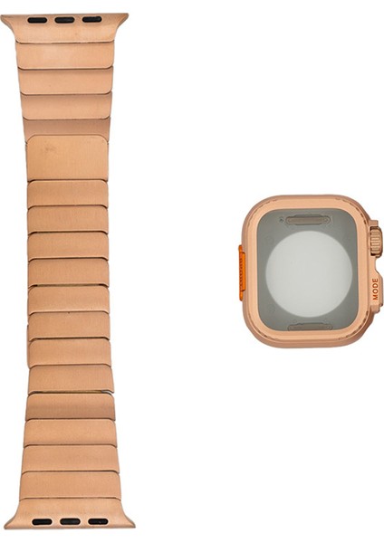 Watch 44MM Uyumlu Metal Kordon ve Parlak Sert Kasa Koruyucu Set