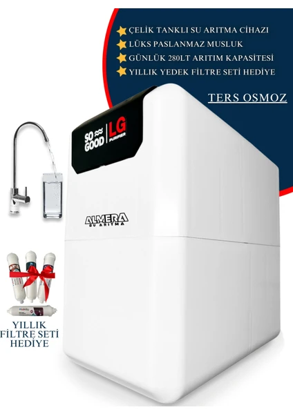 Premium Ters Ozmos LG Membranlı Mineral Aşamalı Çelik Tanklı Su Arıtma Cihazı Yedek Filtre Set hediyeli