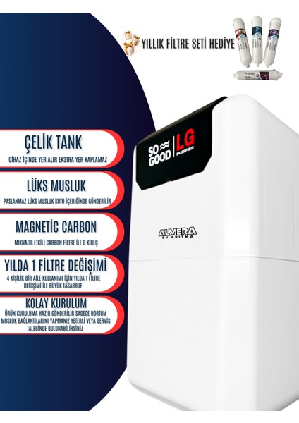 Premium Ters Ozmos LG Membranlı Mineral Aşamalı Çelik Tanklı Su Arıtma Cihazı Yedek Filtre Set hediyeli