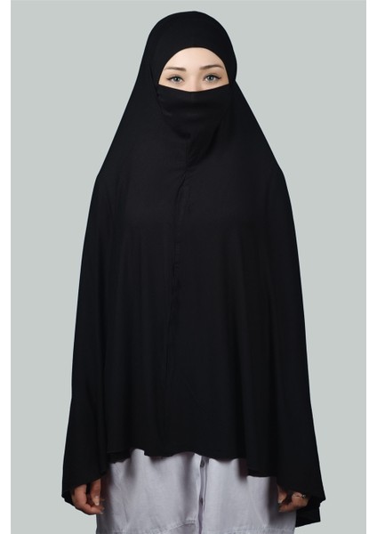 Hazır Türban Peçeli Pratik Eşarp Tesettür Nikaplı Hijab - Namaz Örtüsü Sufle (5Xl) - Siyah